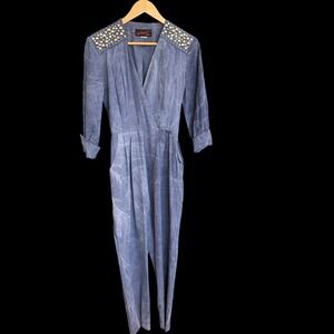 Vintage J B Wright Blue Metallica‎ Embellished Shoulder Jumpsuit Size 4 #351
